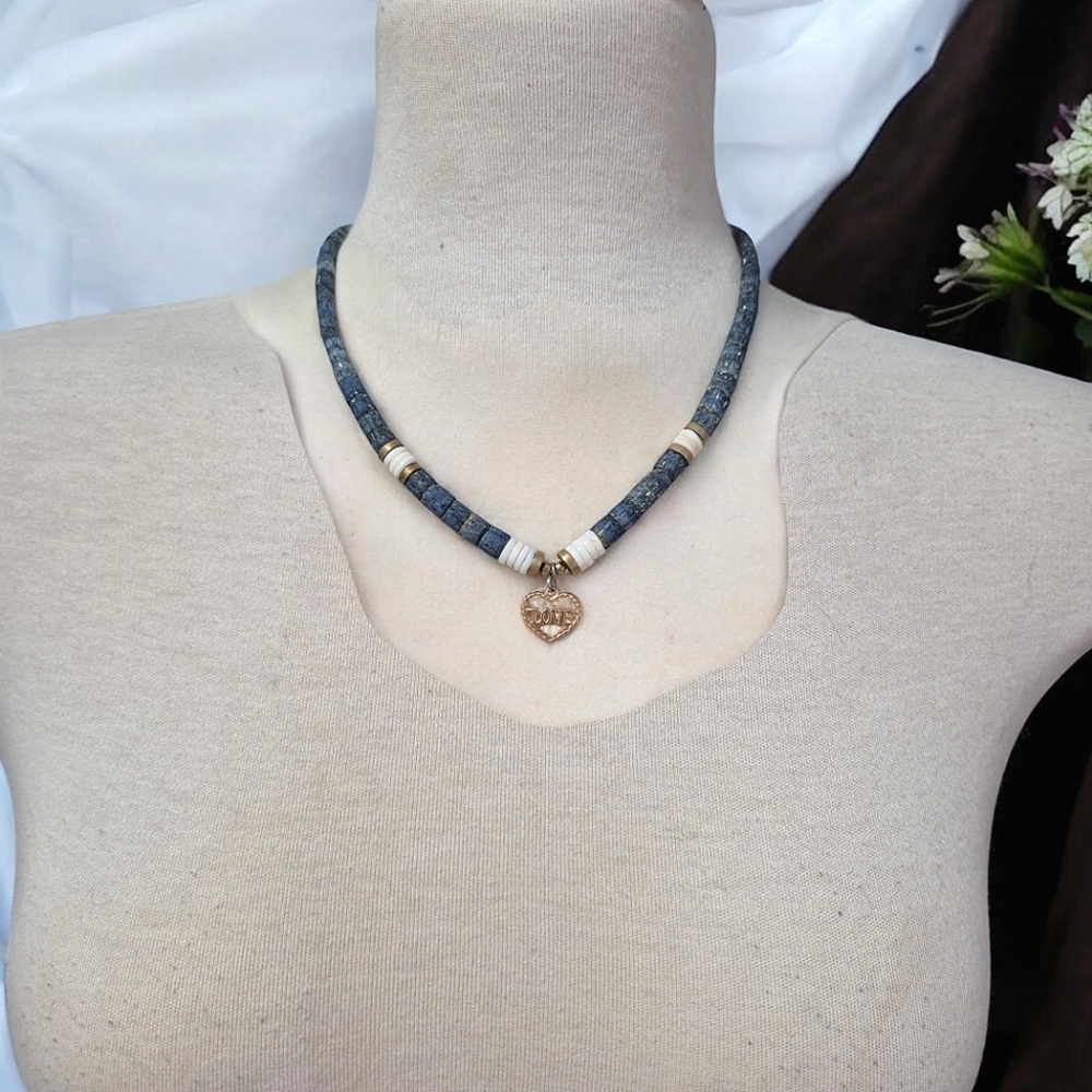 Handcrafted Blue Bead Gold Tone Heart Necklace